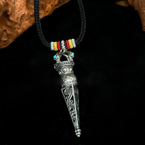 Handcrafted adjustable Langlei Yongkang necklace with Tibetan silver Vajra Scepter pendant. A spiritual gift of Tibetan Buddhism.