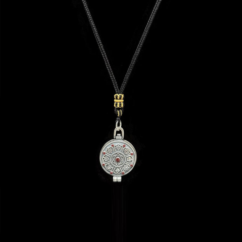 Original Design Eight Auspicious Symbols Kalu Box Pendant, paired with a hand-woven adjustable Perfect Peace necklace.