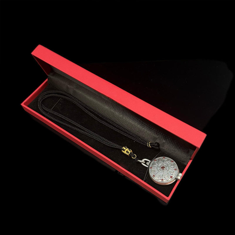 Original Design Eight Auspicious Symbols Kalu Box Pendant, paired with a hand-woven adjustable Perfect Peace necklace.