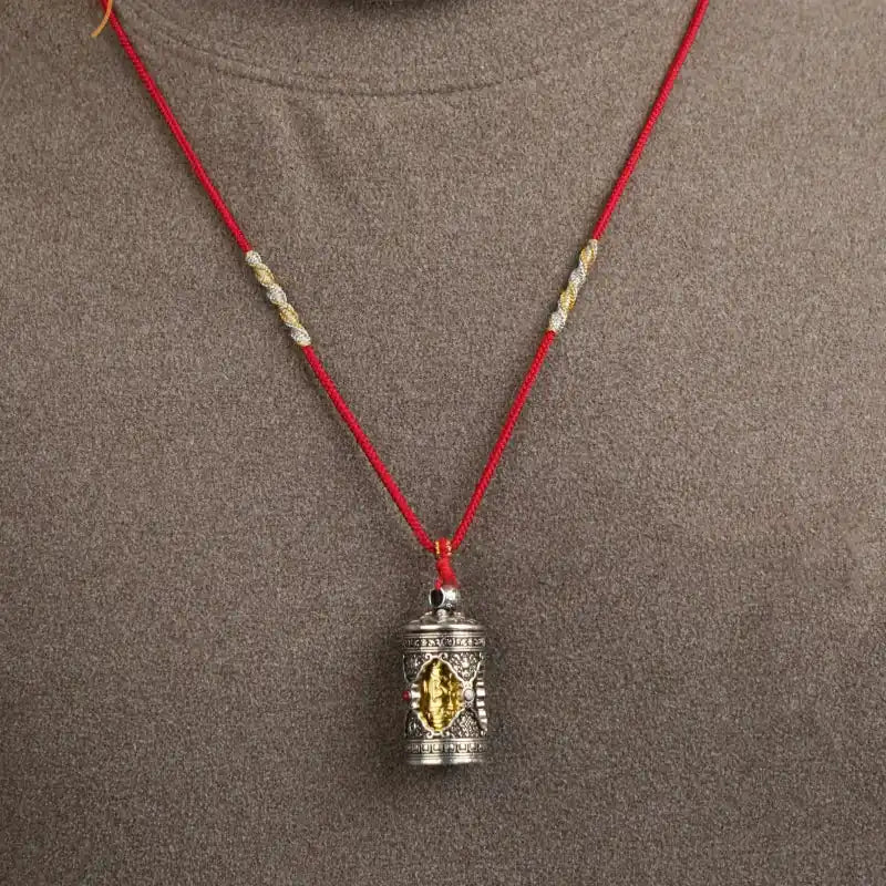 Handwoven Tibetan Buddhist Adjustable Necklace, Red Lucky Knot & Mantra Pendant