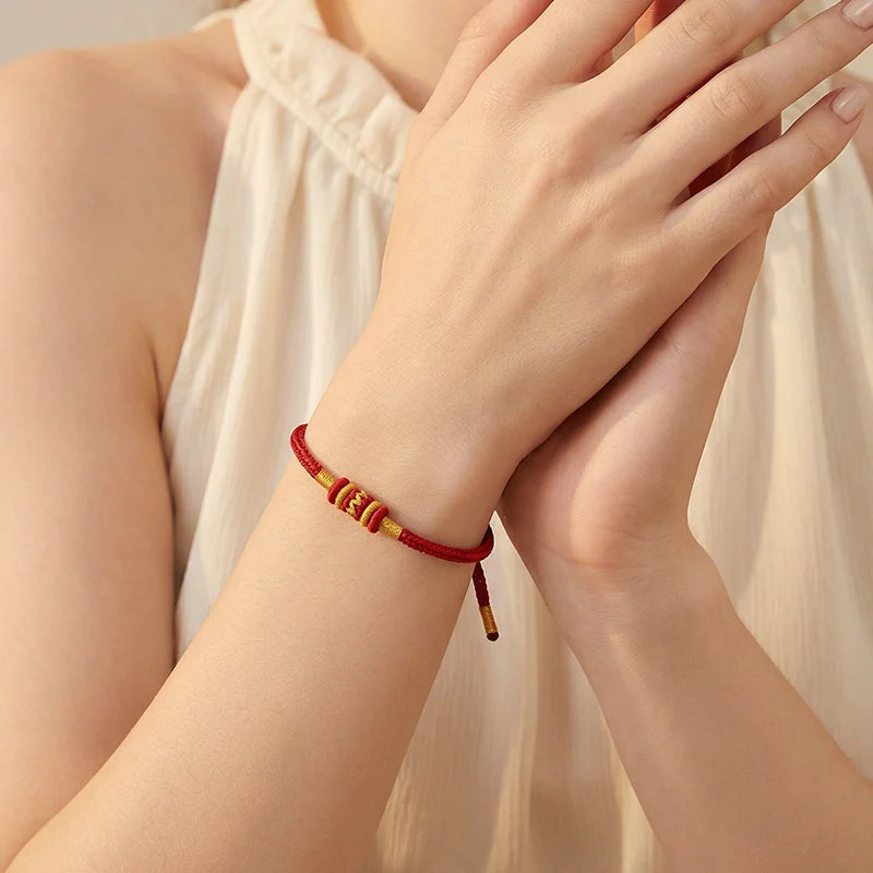 Handwoven Red Cord Bracelet with Engraved Mantra Bead - Minimalist Zen Jewelry, Adjustable