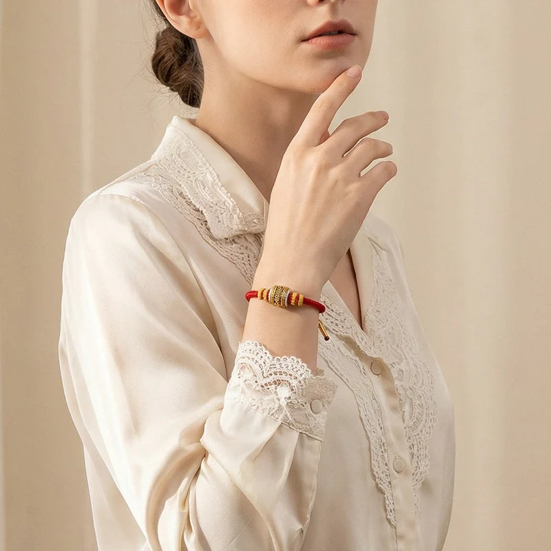 Handwoven Red String Bracelet with Engraved Mantra Bead - Adjustable Minimalist Jewelry