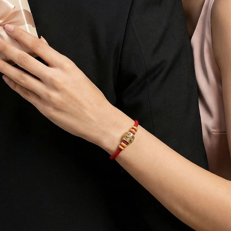 Handwoven Red String Bracelet with Engraved Mantra Bead - Adjustable Minimalist Jewelry