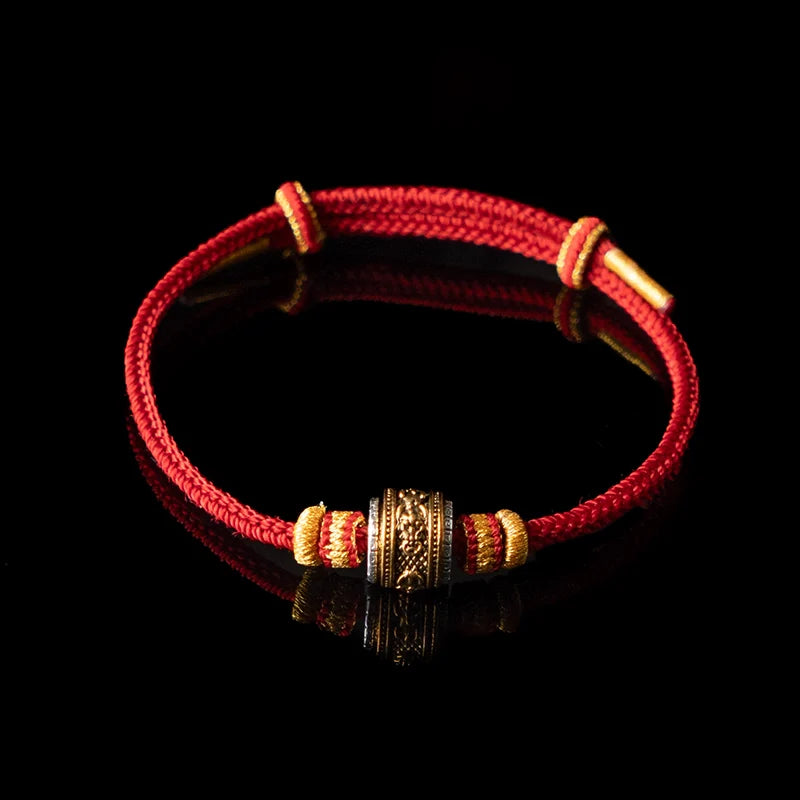 Handwoven Red String Bracelet with Engraved Mantra Bead - Adjustable Minimalist Jewelry
