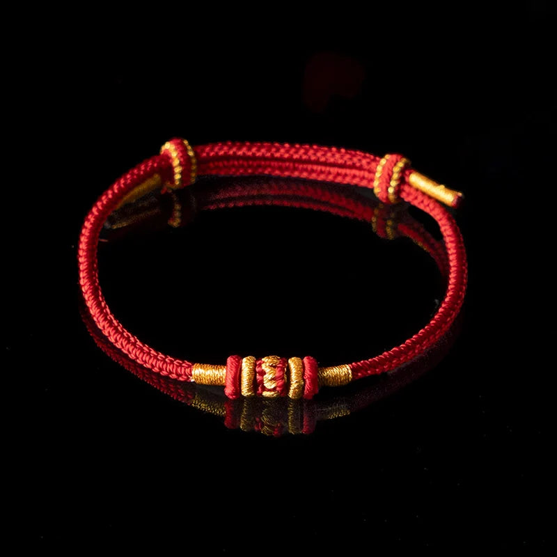 Handwoven Red Cord Bracelet with Engraved Mantra Bead - Minimalist Zen Jewelry, Adjustable