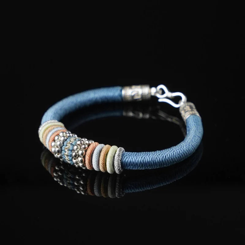 Blue Tibetan Silver Amulet Bracelet - 925 Sterling Silver Clasp