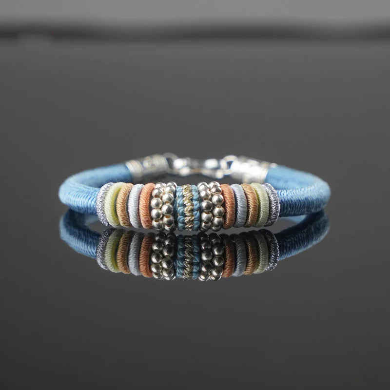 Blue Tibetan Silver Amulet Bracelet - 925 Sterling Silver Clasp