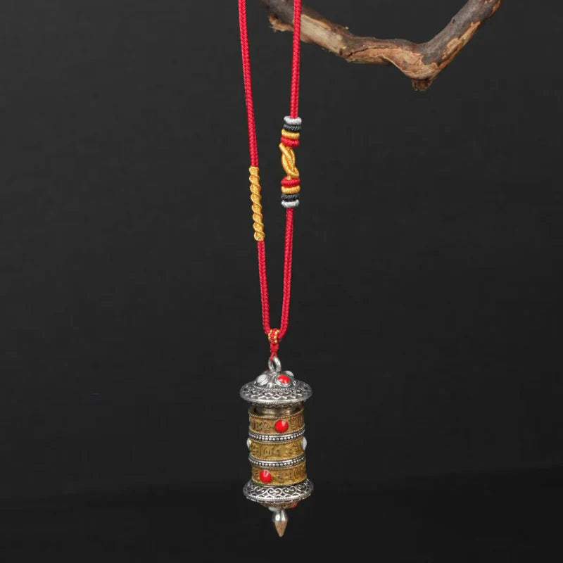 Handwoven Tibetan Buddhist Necklace, Adjustable Cord with Rotating Prayer Wheel & Lucky Knots, Gift for Family