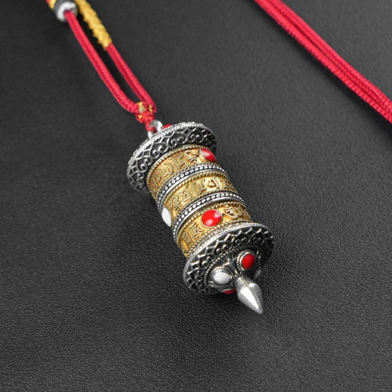 Handwoven Tibetan Buddhist Necklace, Adjustable Cord with Rotating Prayer Wheel & Lucky Knots, Gift for Family