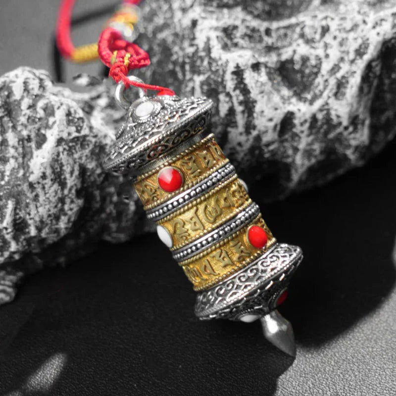 Handwoven Tibetan Buddhist Necklace, Adjustable Cord with Rotating Prayer Wheel & Lucky Knots, Gift for Family