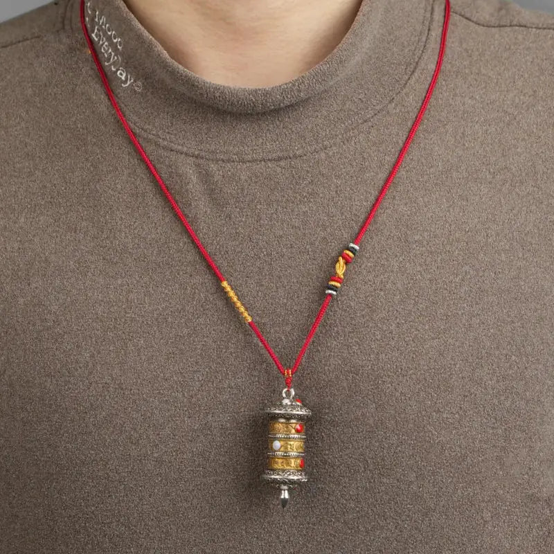Handwoven Tibetan Buddhist Necklace, Adjustable Cord with Rotating Prayer Wheel & Lucky Knots, Gift for Family