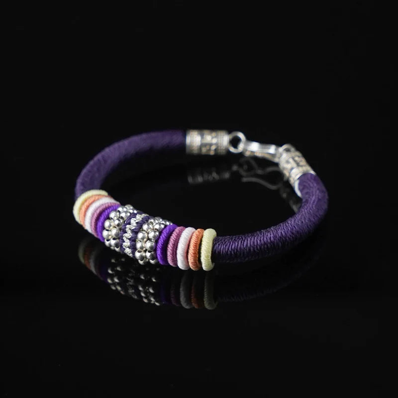 Purple Tibetan Silver Amulet Bracelet - 925 Sterling Silver Clasp