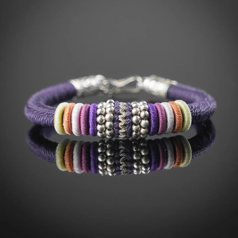 Purple Tibetan Silver Amulet Bracelet - 925 Sterling Silver Clasp