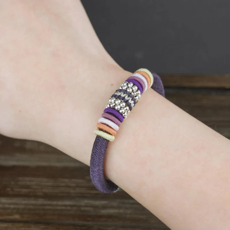 Purple Tibetan Silver Amulet Bracelet - 925 Sterling Silver Clasp