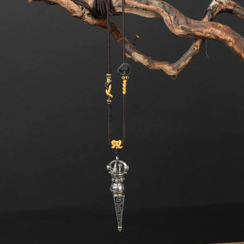 Tibetan Vajra Scepter Necklace, Handwoven Brown Adjustable Cord with Sacred Knots