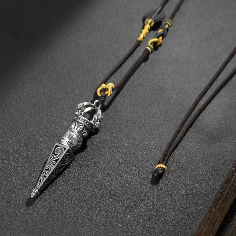 Tibetan Vajra Scepter Necklace, Handwoven Brown Adjustable Cord with Sacred Knots