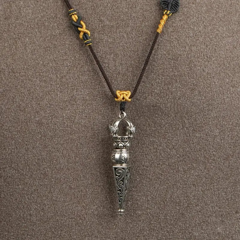 Tibetan Vajra Scepter Necklace, Handwoven Brown Adjustable Cord with Sacred Knots